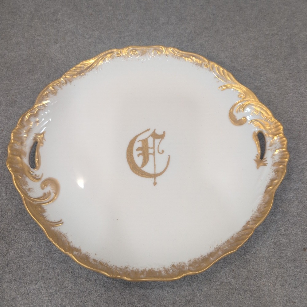 Annie Jones Hand Painted Porcelain Cake Plate Gold Gilt Monogram Scalloped White - Picture 1 of 5